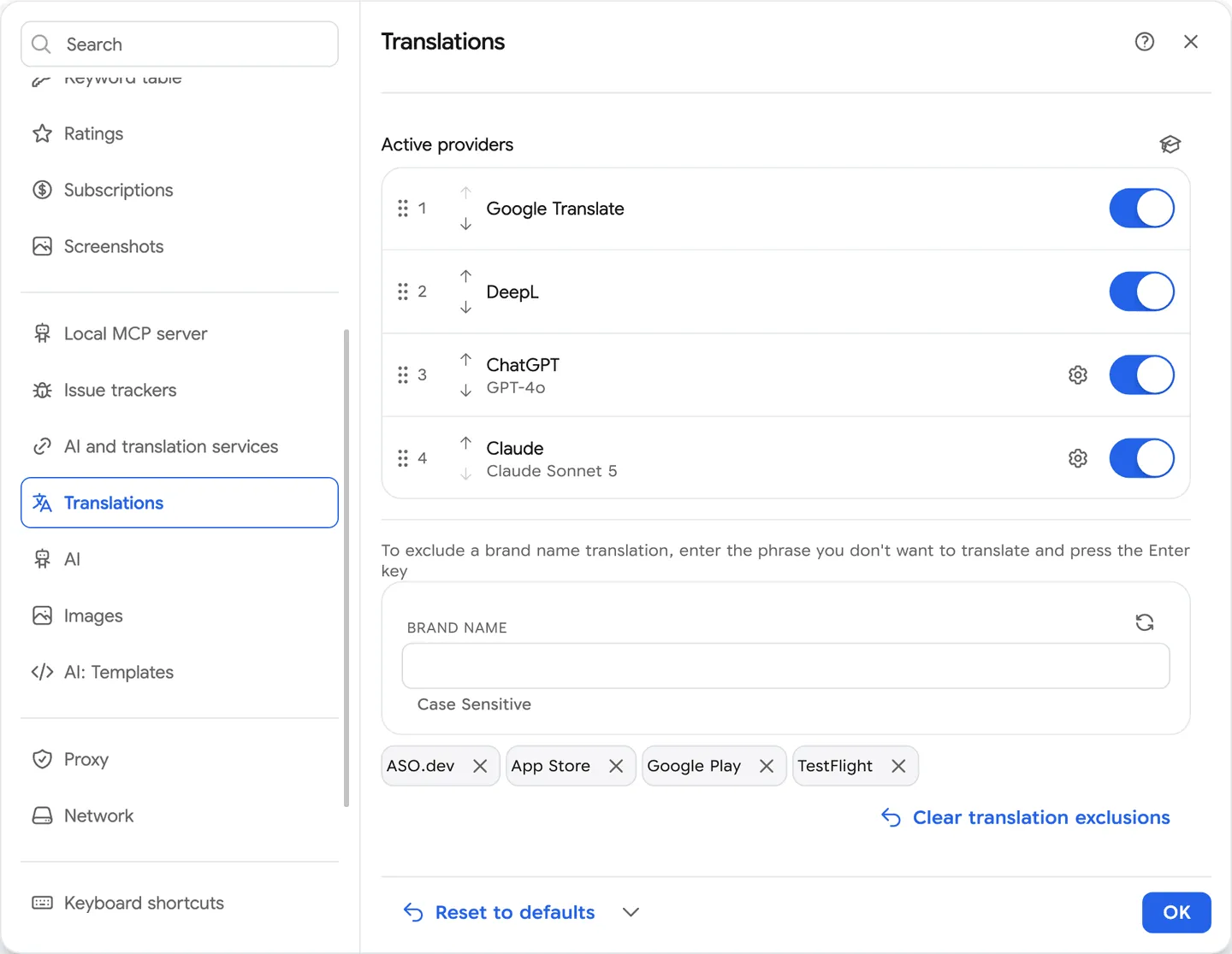 Translation exclusions settings
