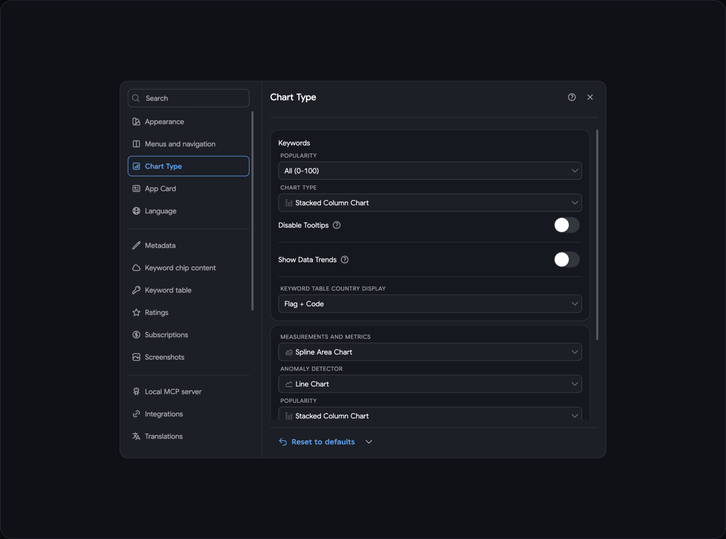 Settings: Charts