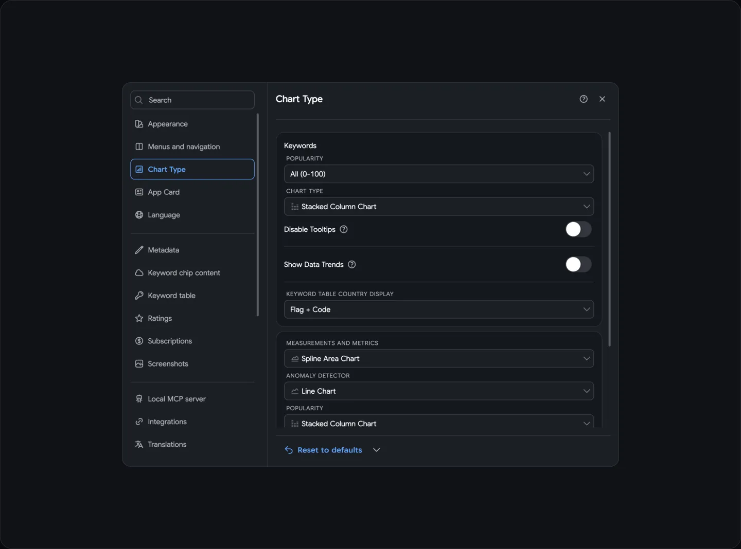 Settings: Charts