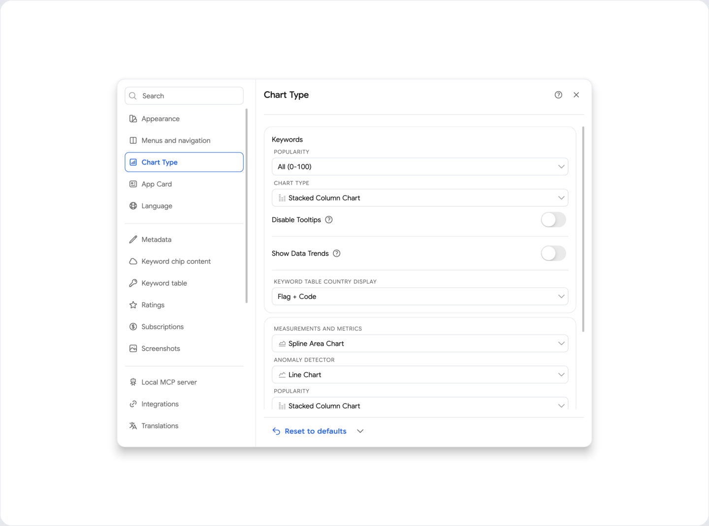 Settings: Charts
