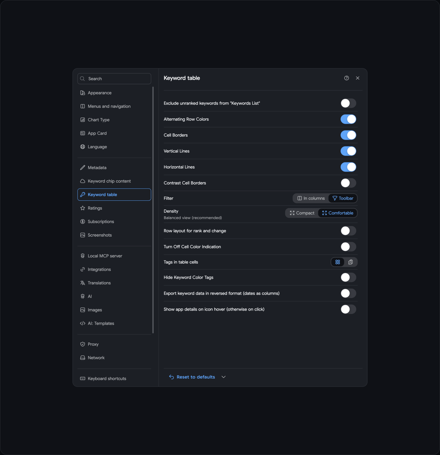 Settings: Keywords
