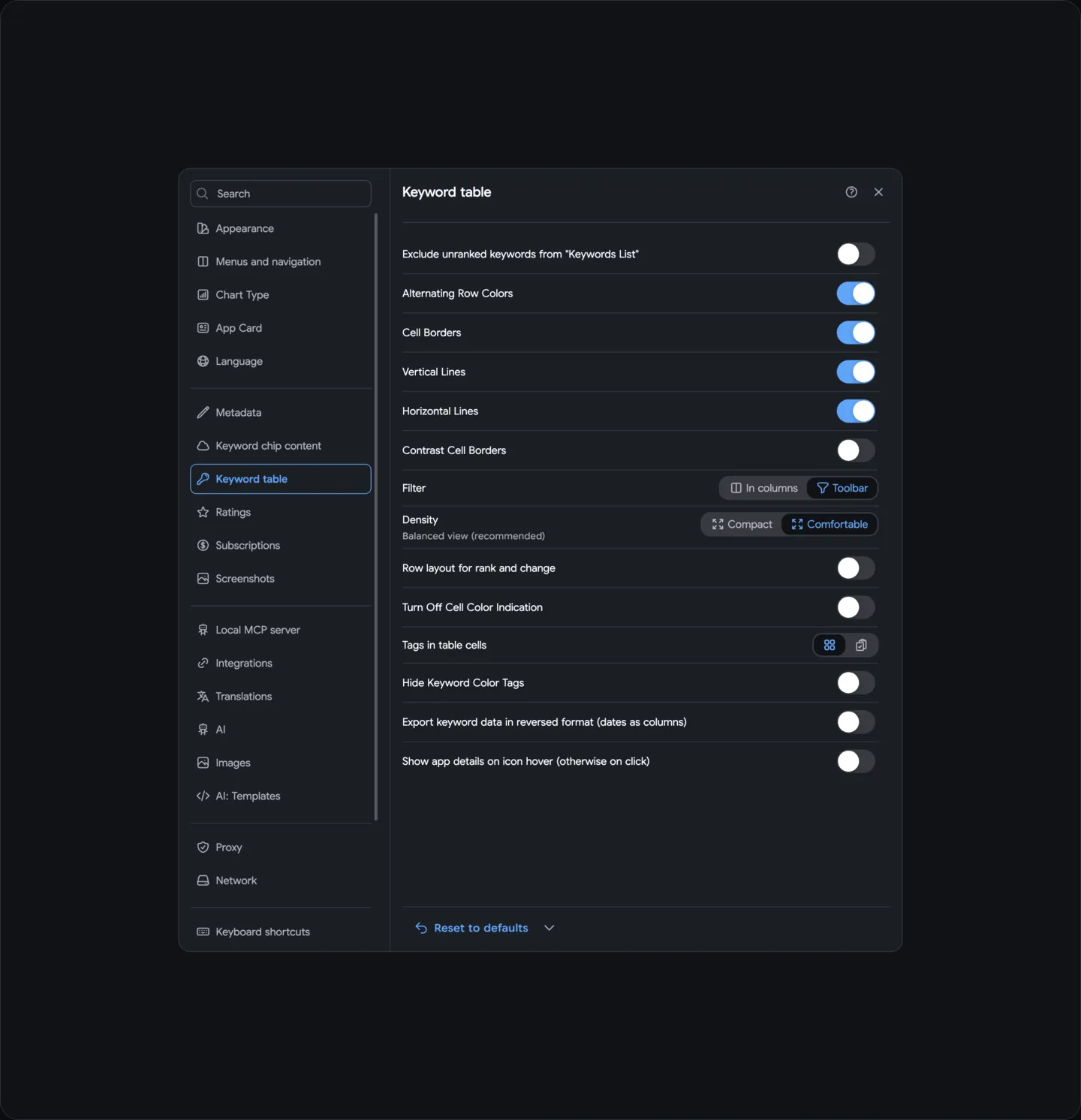 Settings: Keywords