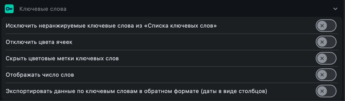 Настройки: Ключевые слова