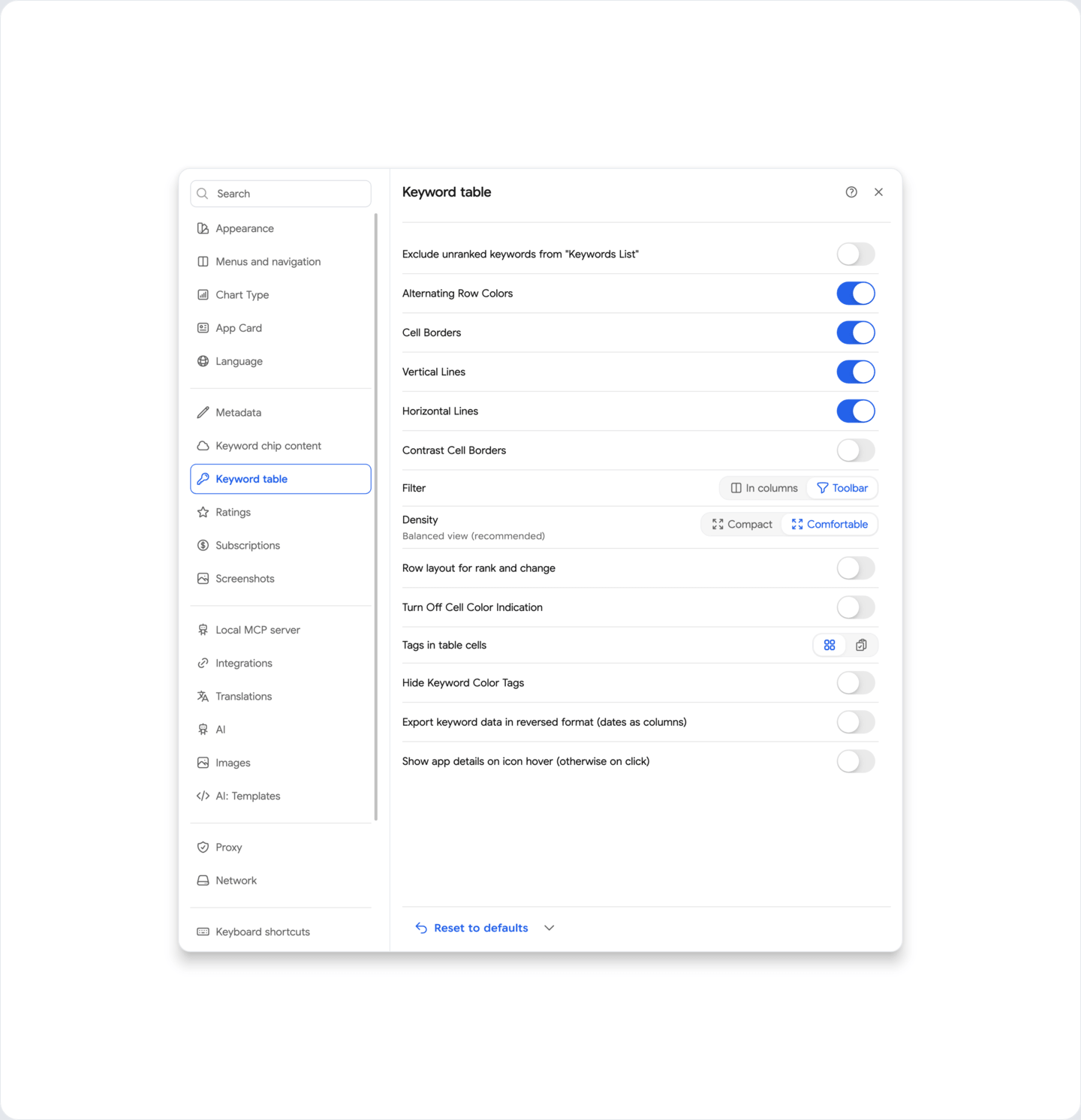 Settings: Keywords