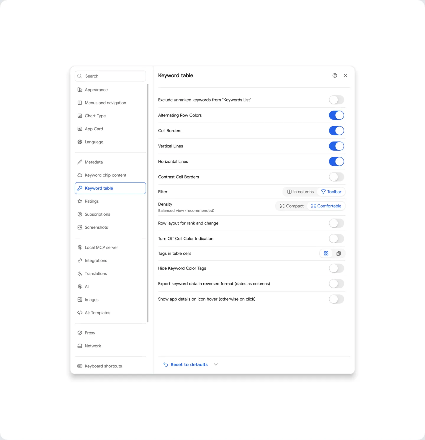 Settings: Keywords