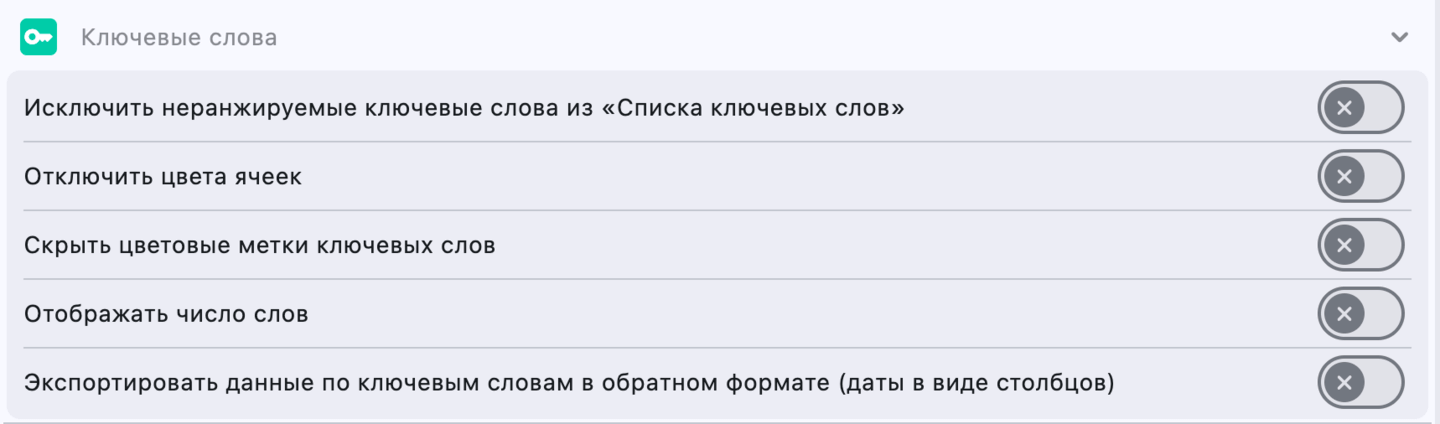 Настройки: Ключевые слова