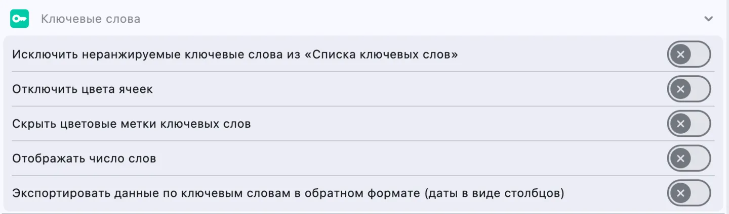 Настройки: Ключевые слова