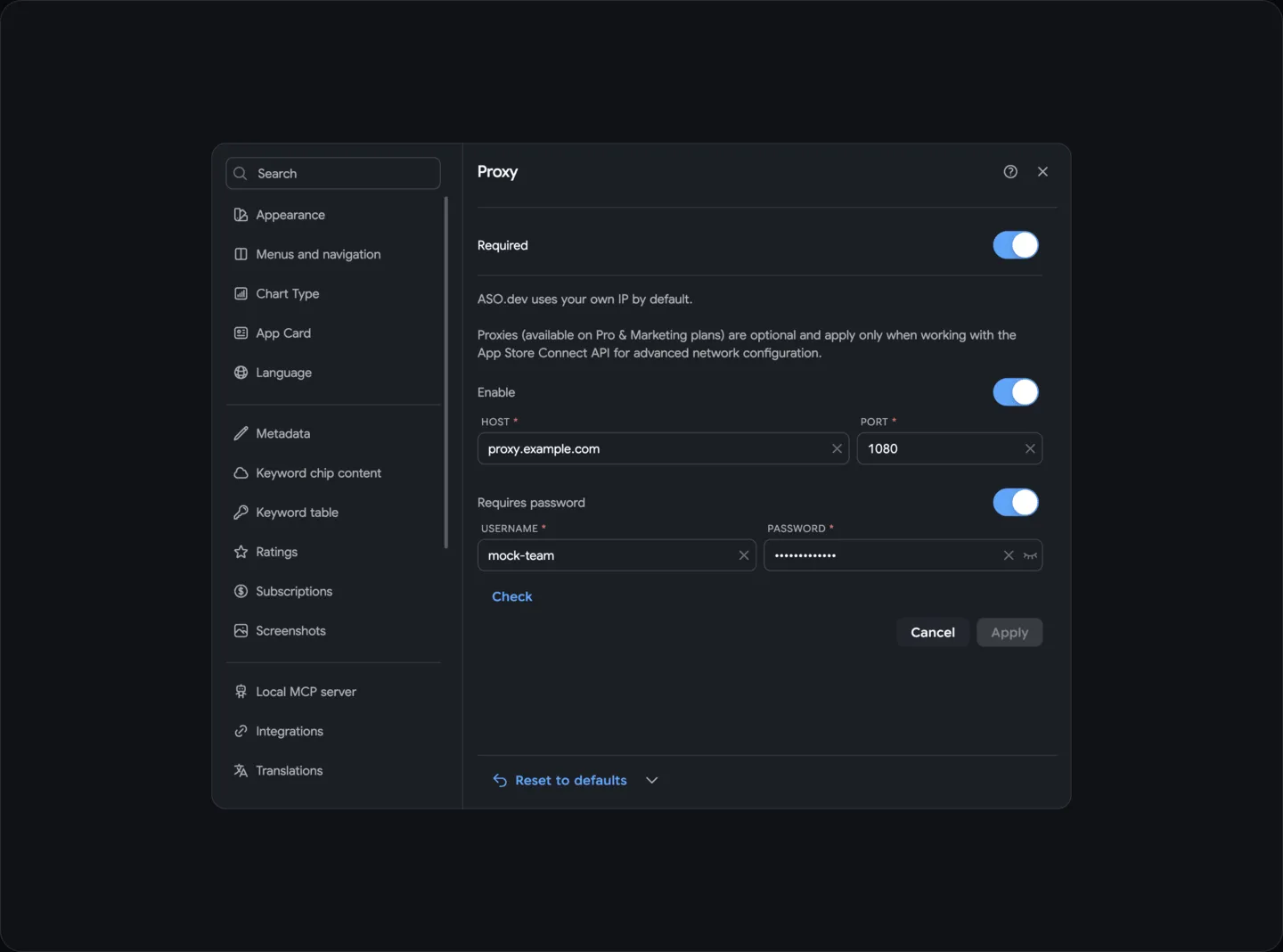Settings: Proxy