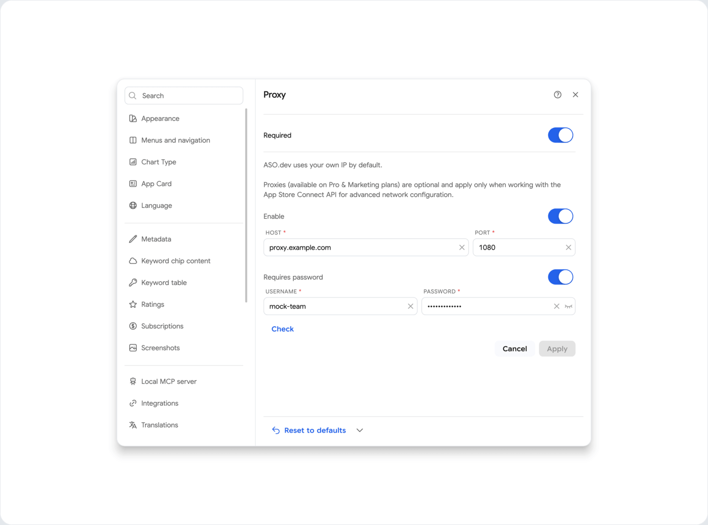 Settings: Proxy