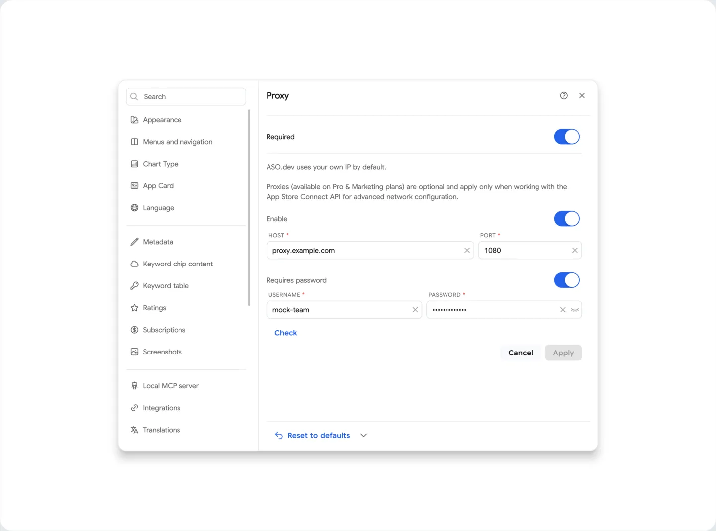 Settings: Proxy