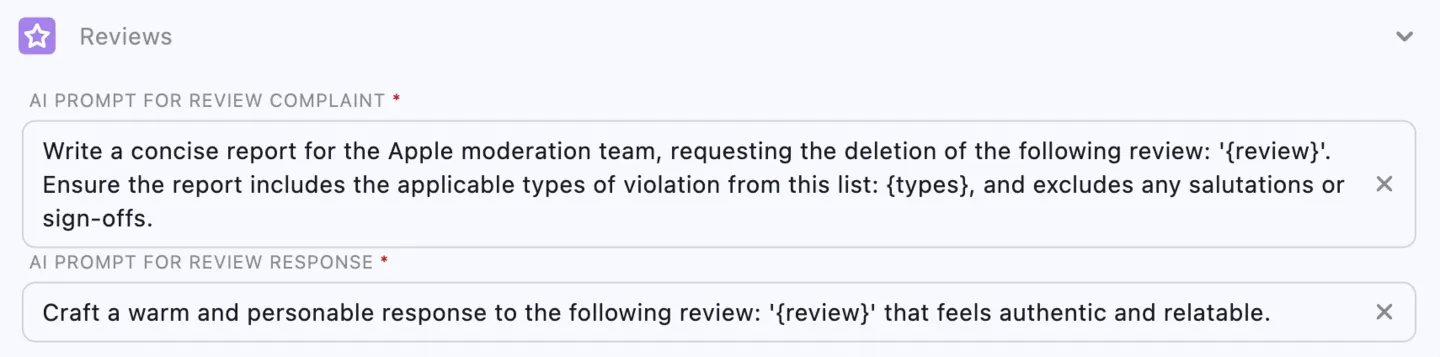 Settings: Reviews