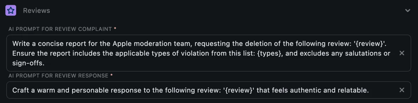 Settings: Reviews