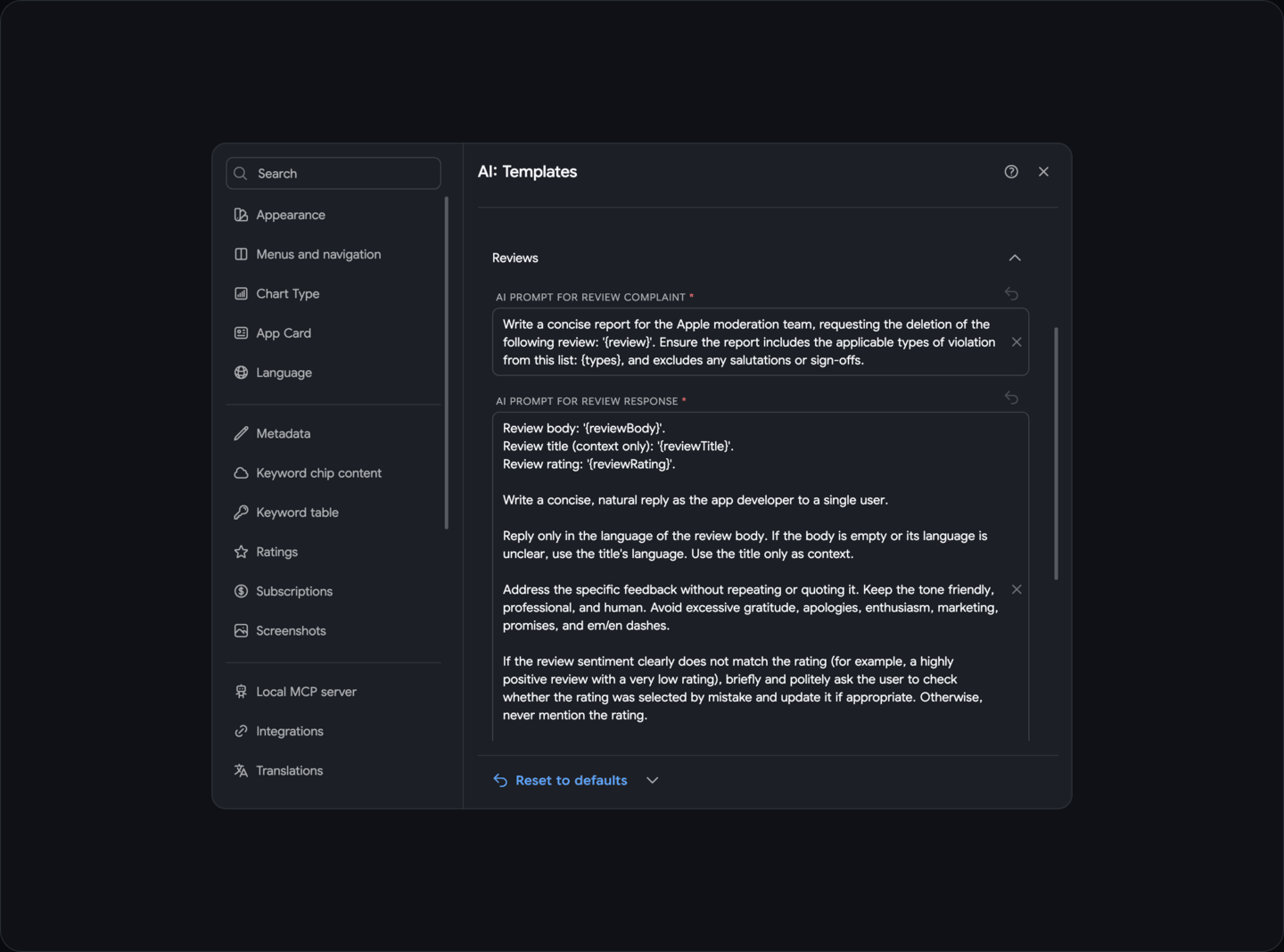Settings: Reviews