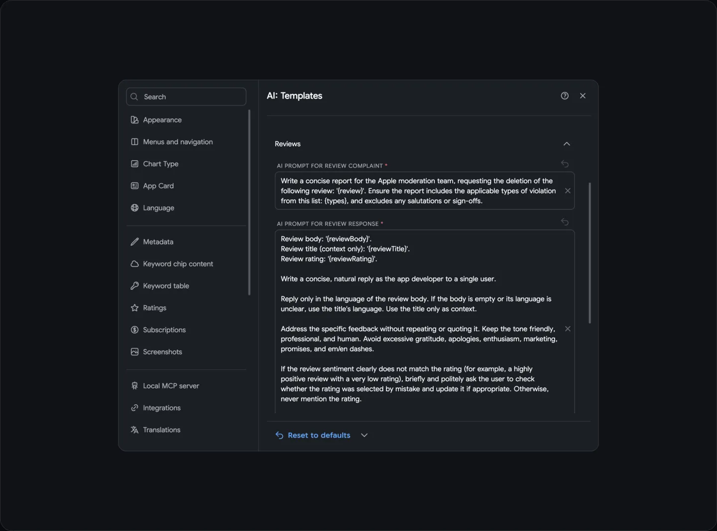 Settings: Reviews
