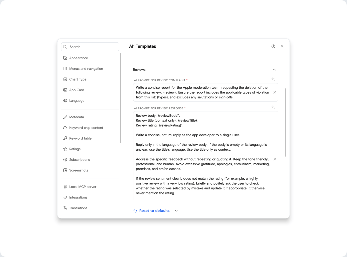 Settings: Reviews