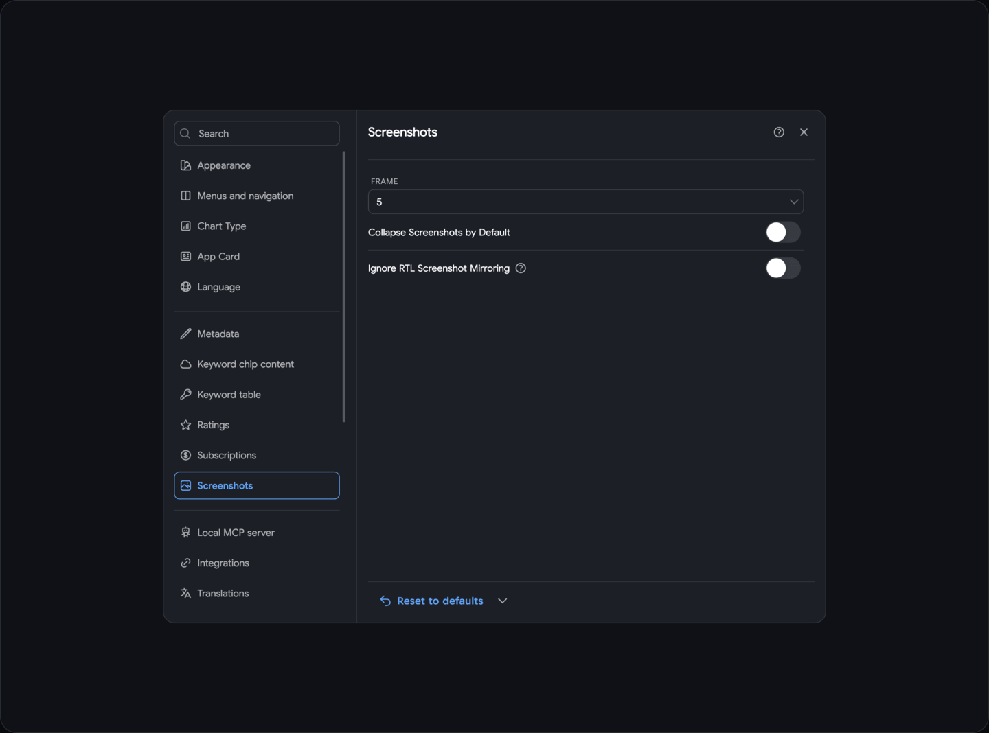 Settings: Screenshots