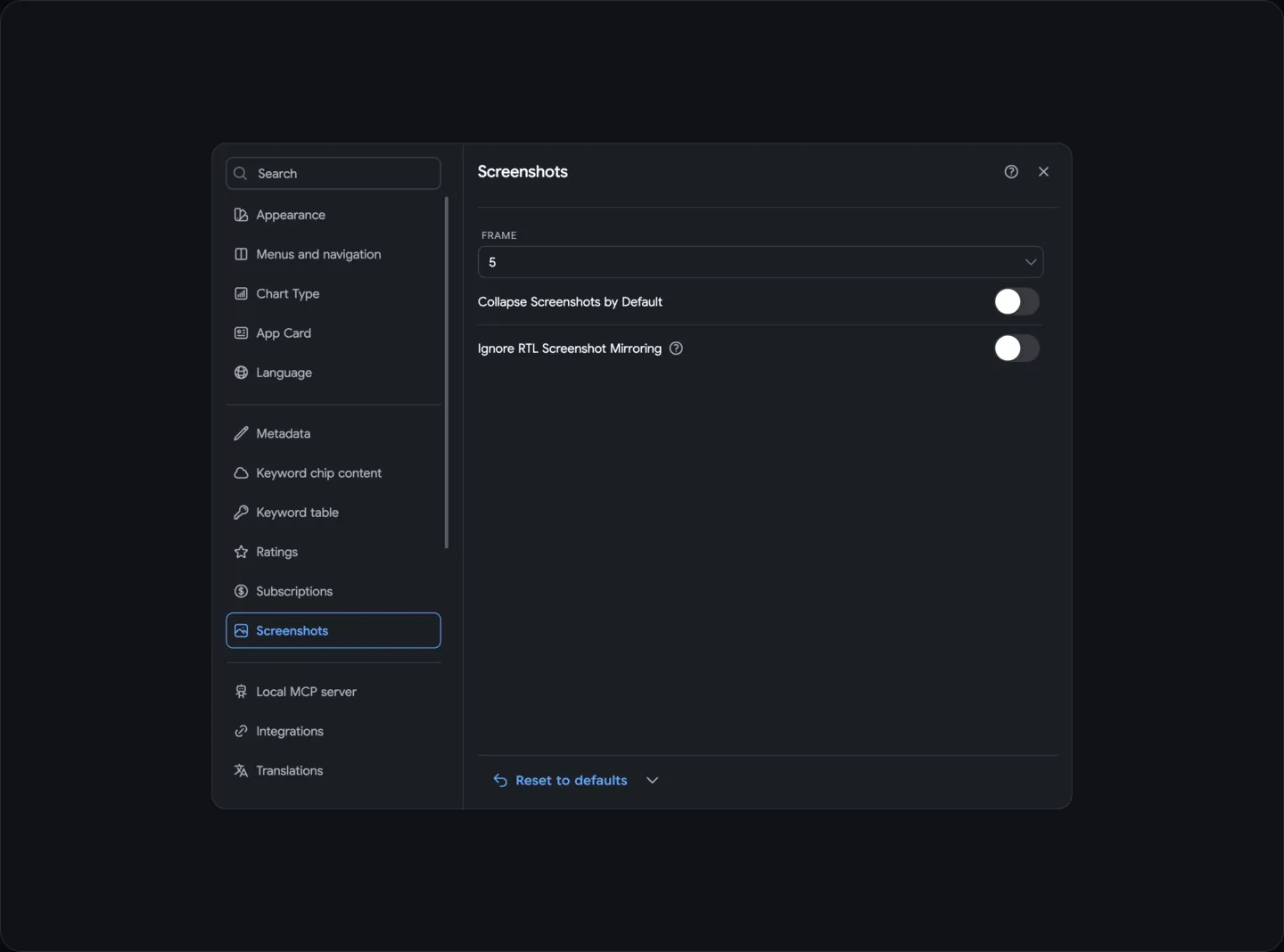 Settings: Screenshots