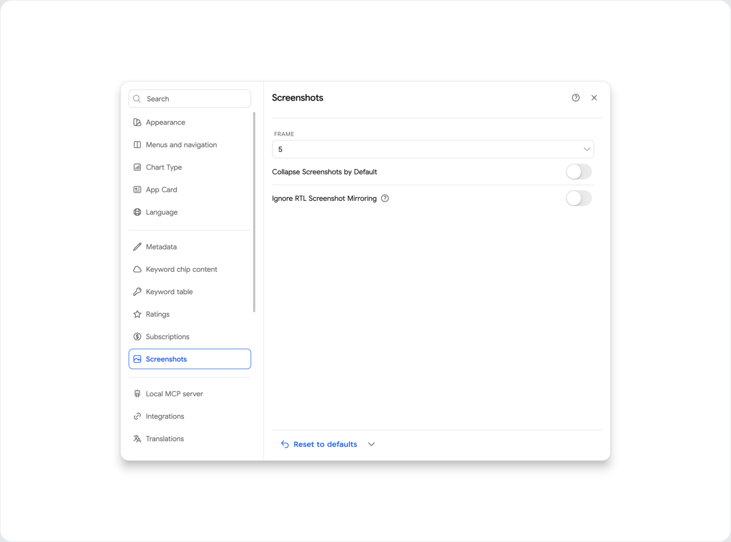 Settings: Screenshots