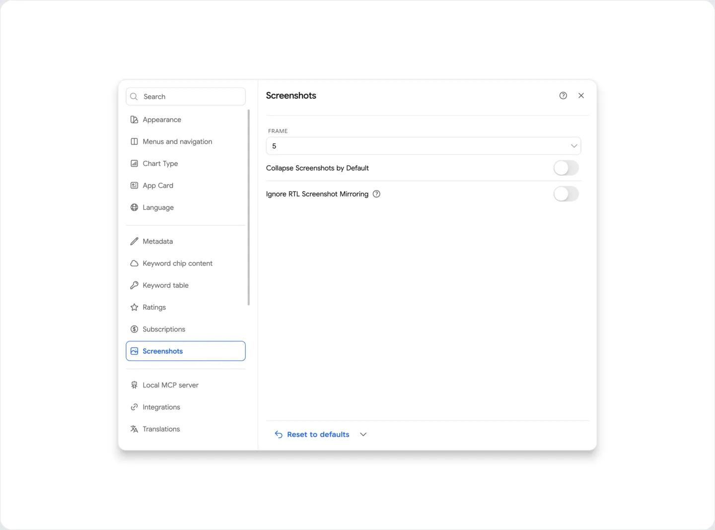 Settings: Screenshots