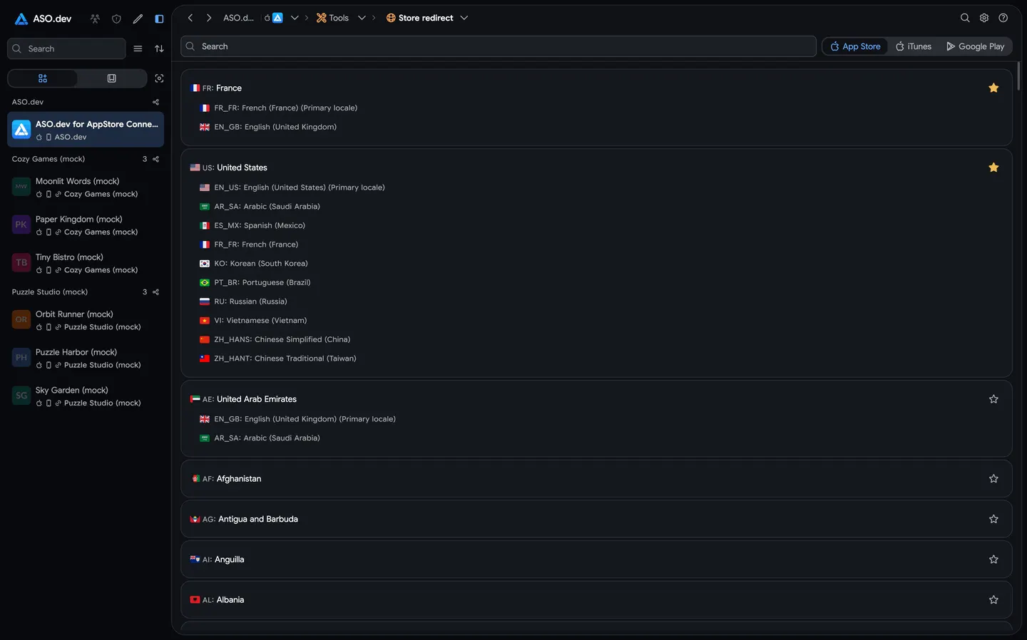 Country Switcher: iTunes, App Store Web, Google Play Web