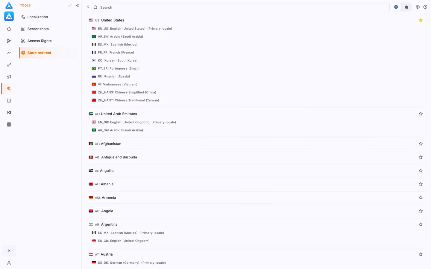 Country Switcher: iTunes, App Store Web, Google Play Web