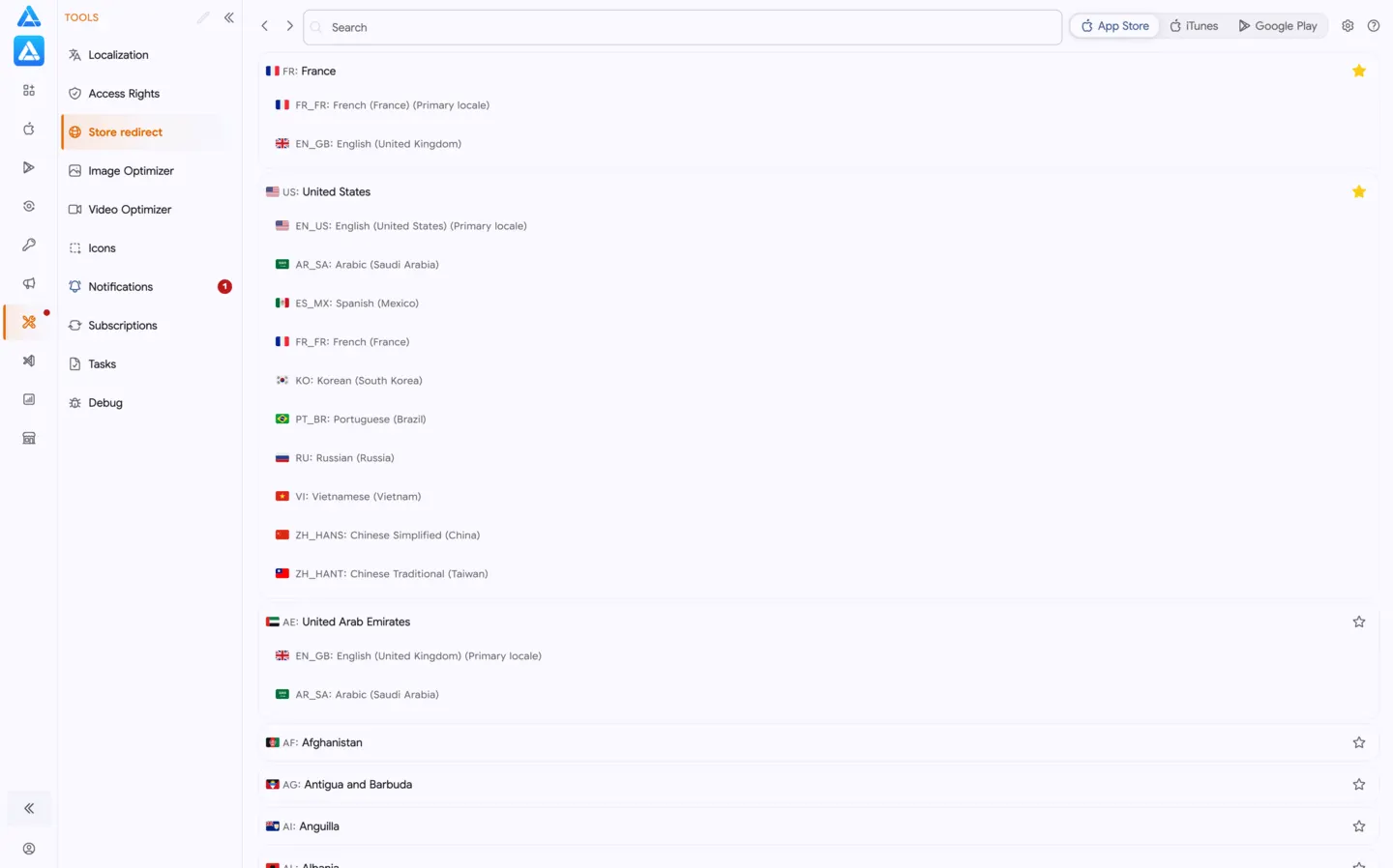 Country Switcher: iTunes, App Store Web, Google Play Web