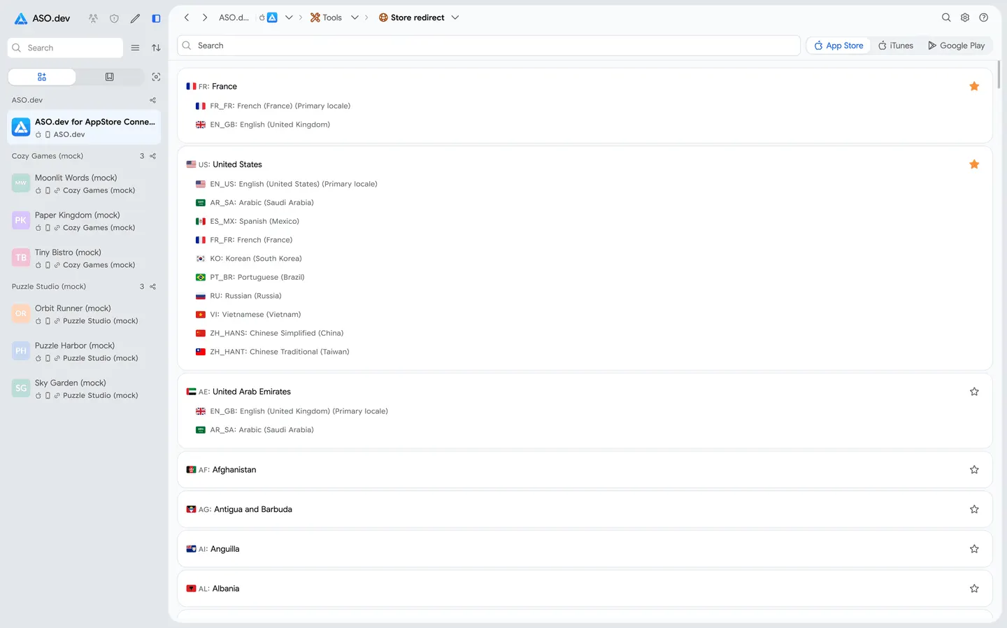 Country Switcher: iTunes, App Store Web, Google Play Web