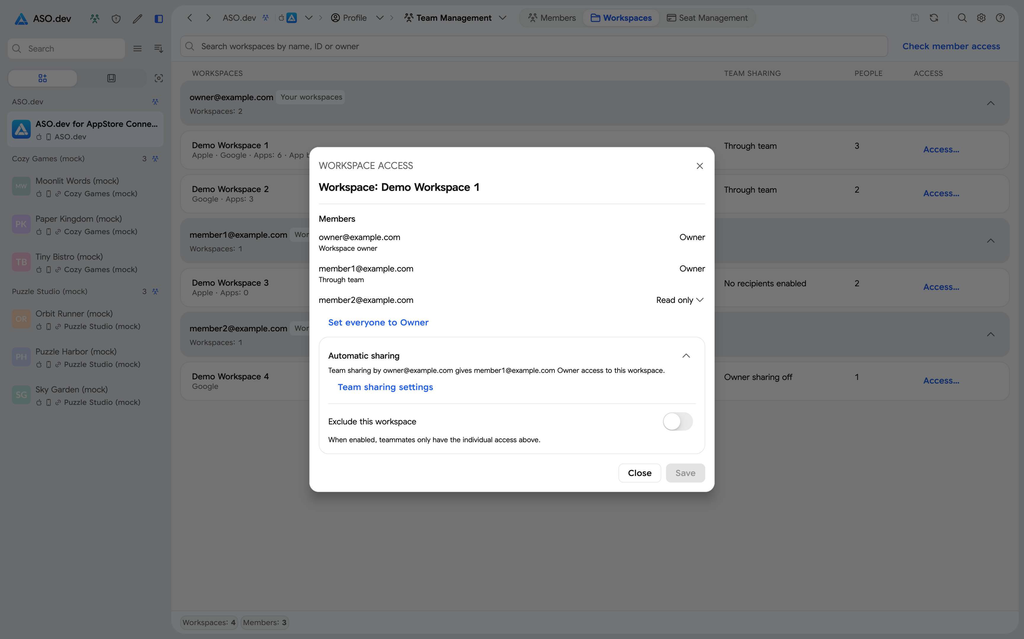 Member permissions for a workspace and its exclusion from automatic sharing
