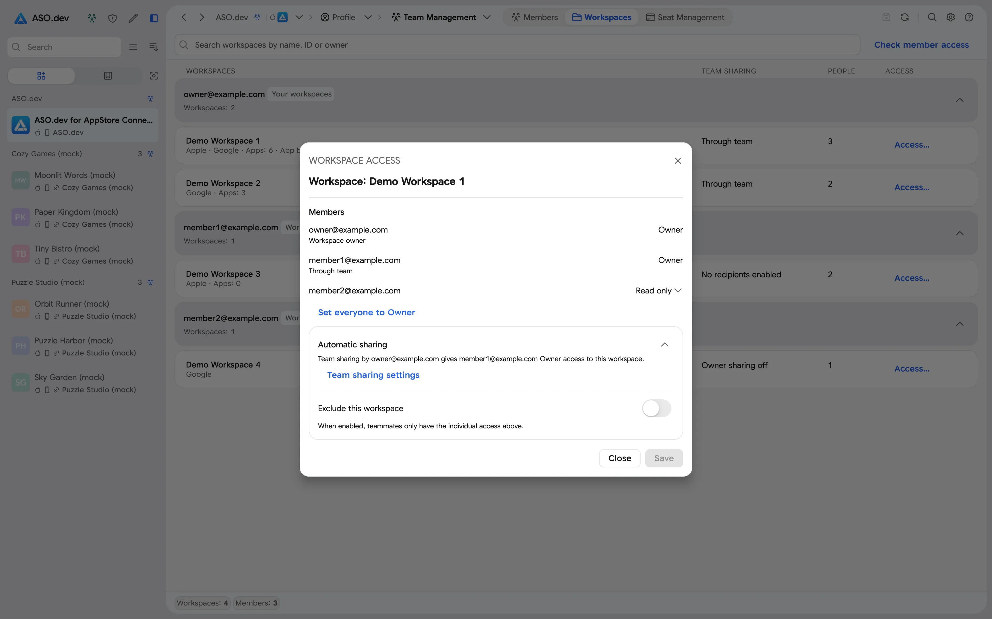 Member permissions for a workspace and its exclusion from automatic sharing
