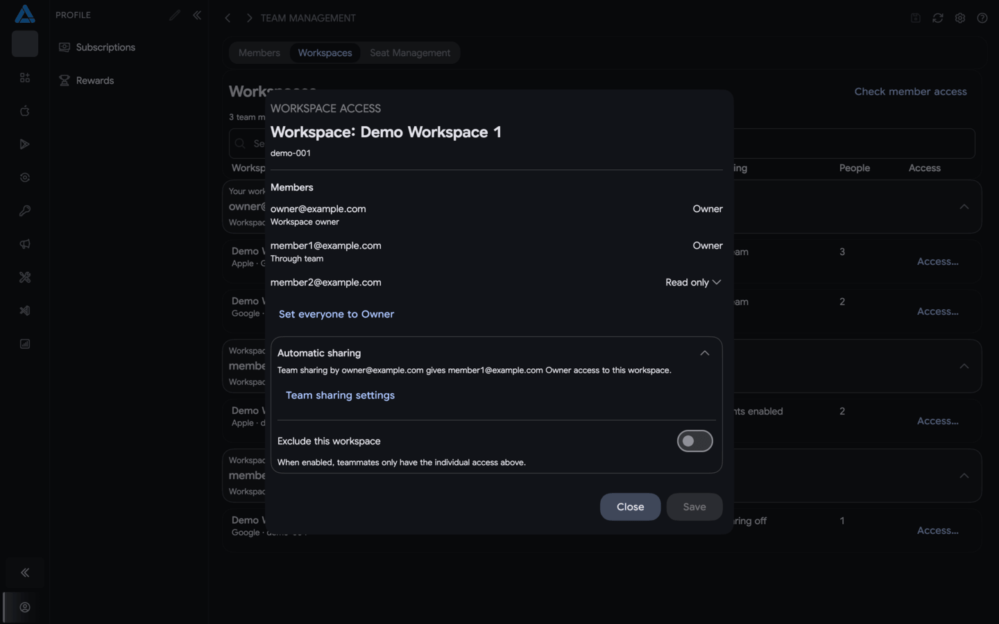 Member permissions for a workspace and its exclusion from automatic sharing