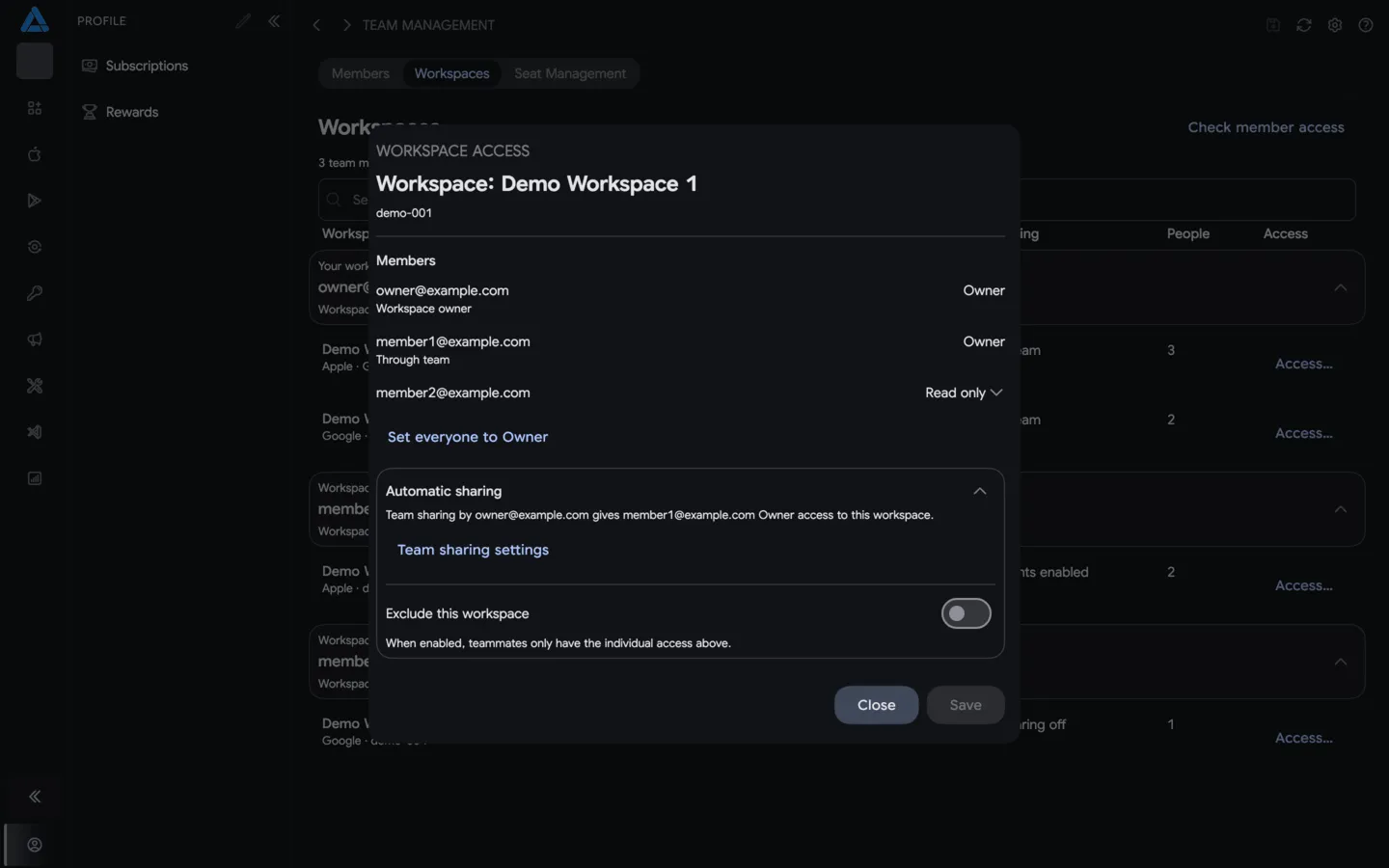 Member permissions for a workspace and its exclusion from automatic sharing
