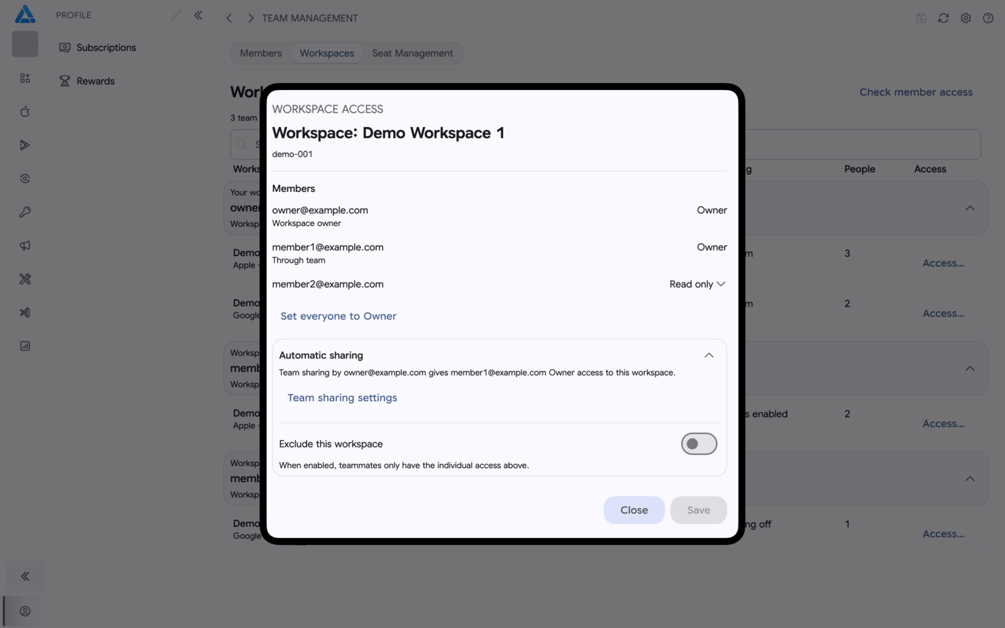 Member permissions for a workspace and its exclusion from automatic sharing
