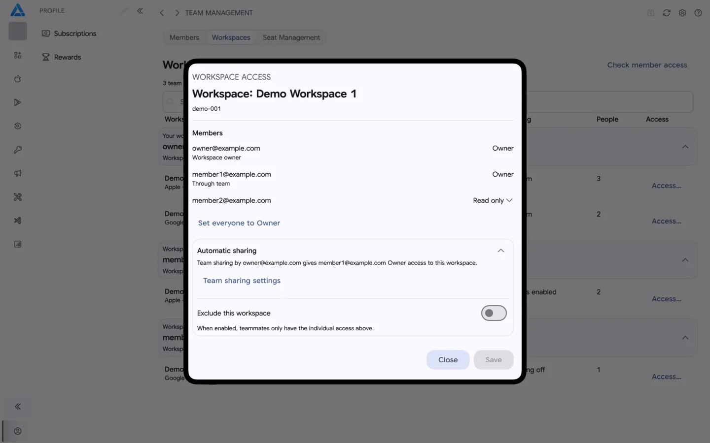 Member permissions for a workspace and its exclusion from automatic sharing