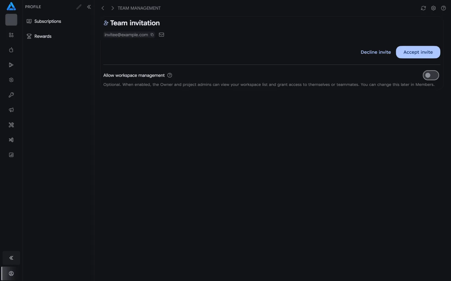 Team invitation with a separate permission to manage owned workspaces