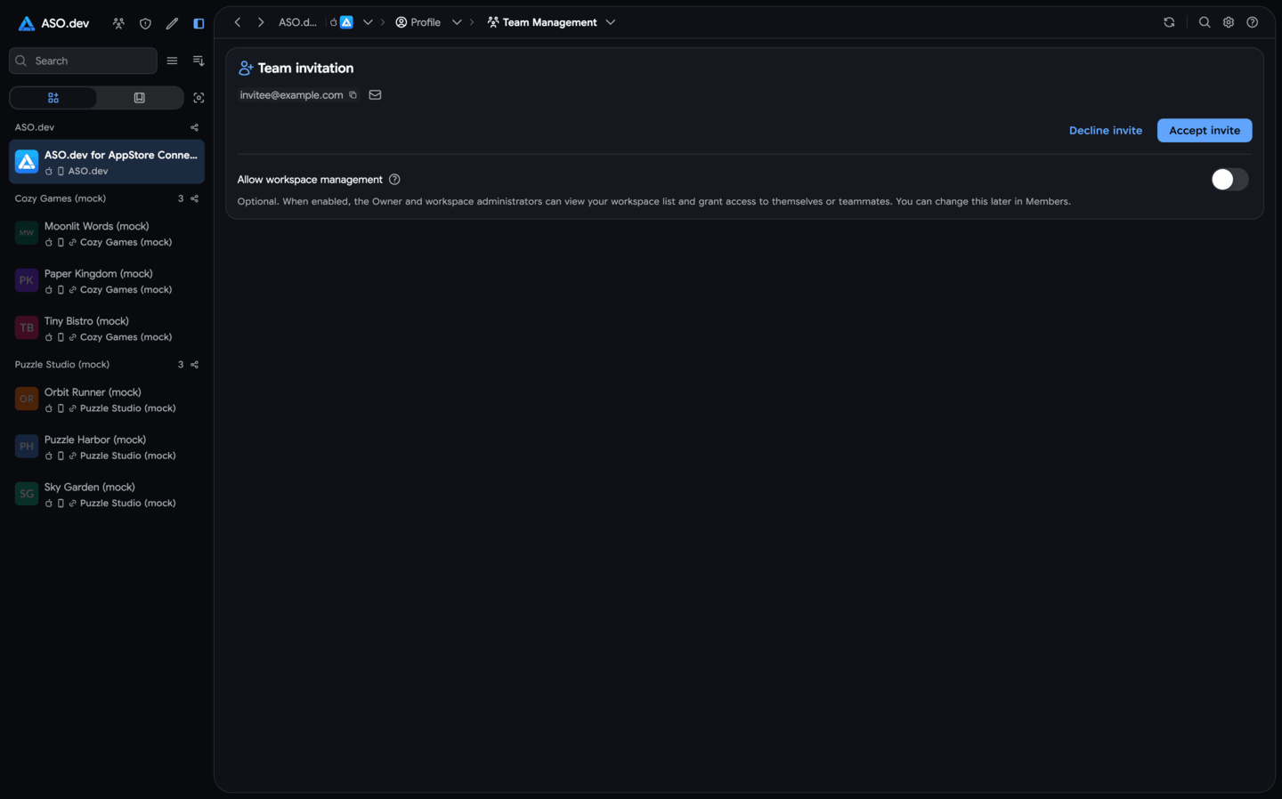Team invitation with a separate permission to manage owned workspaces