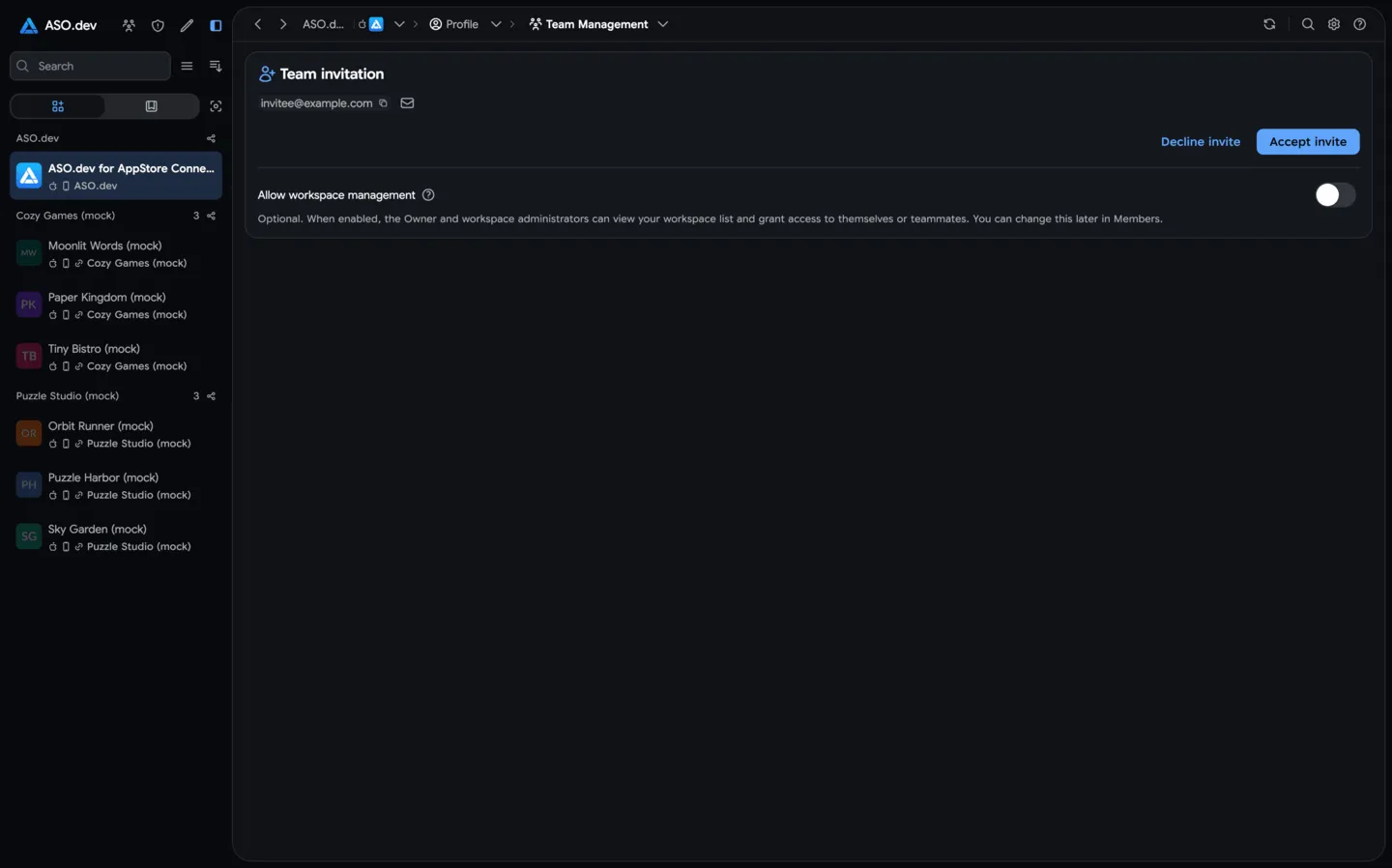 Team invitation with a separate permission to manage owned workspaces