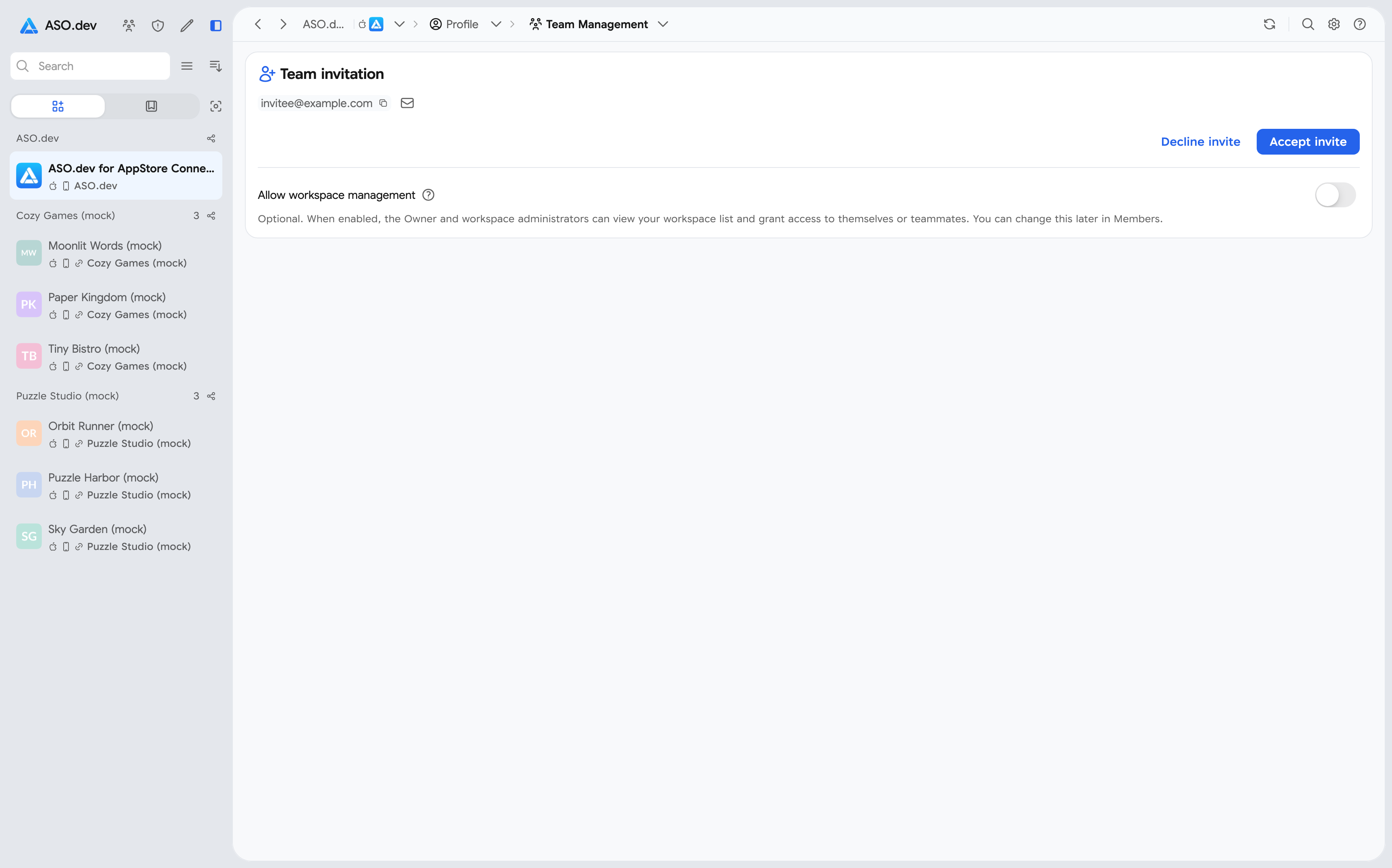 Team invitation with a separate permission to manage owned workspaces