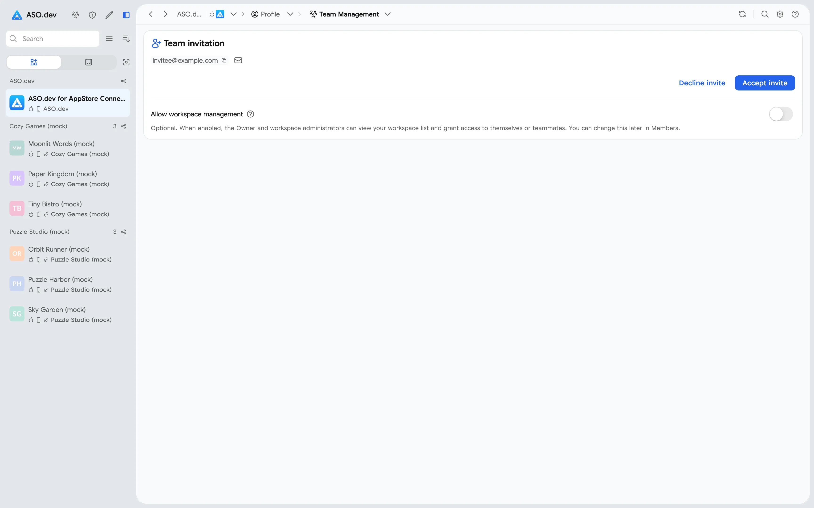 Team invitation with a separate permission to manage owned workspaces
