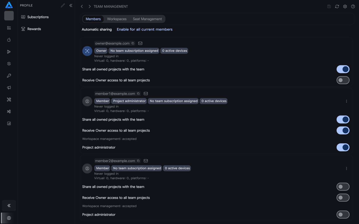 Team members with settings for sharing owned workspaces and receiving team workspaces