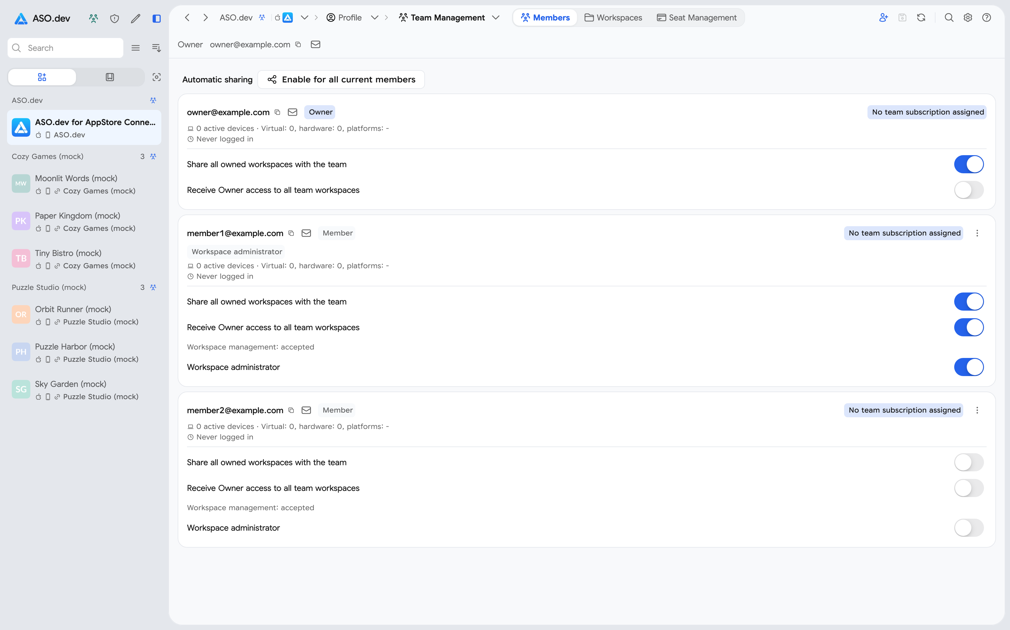 Team members with settings for sharing owned workspaces and receiving team workspaces
