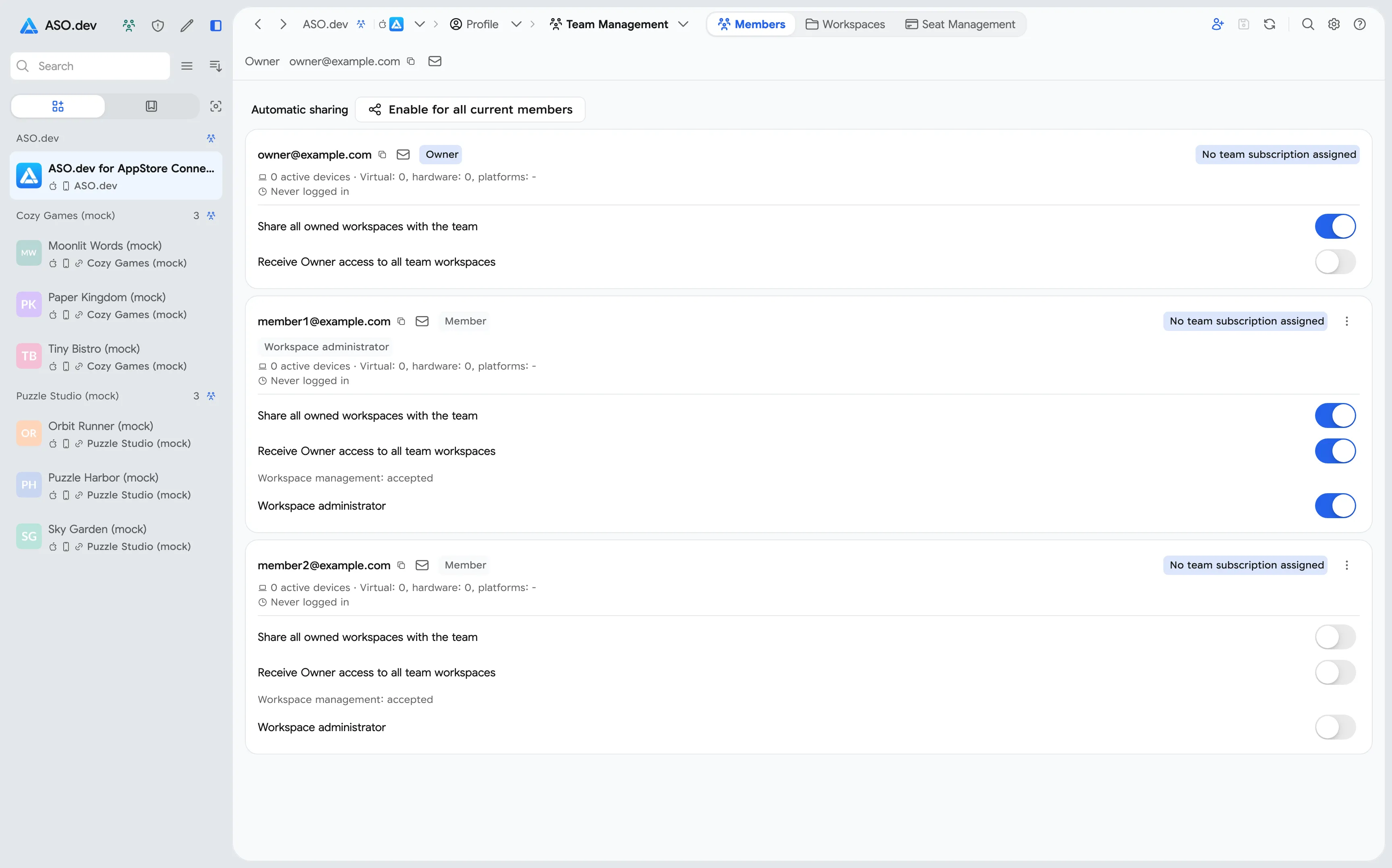 Team members with settings for sharing owned workspaces and receiving team workspaces
