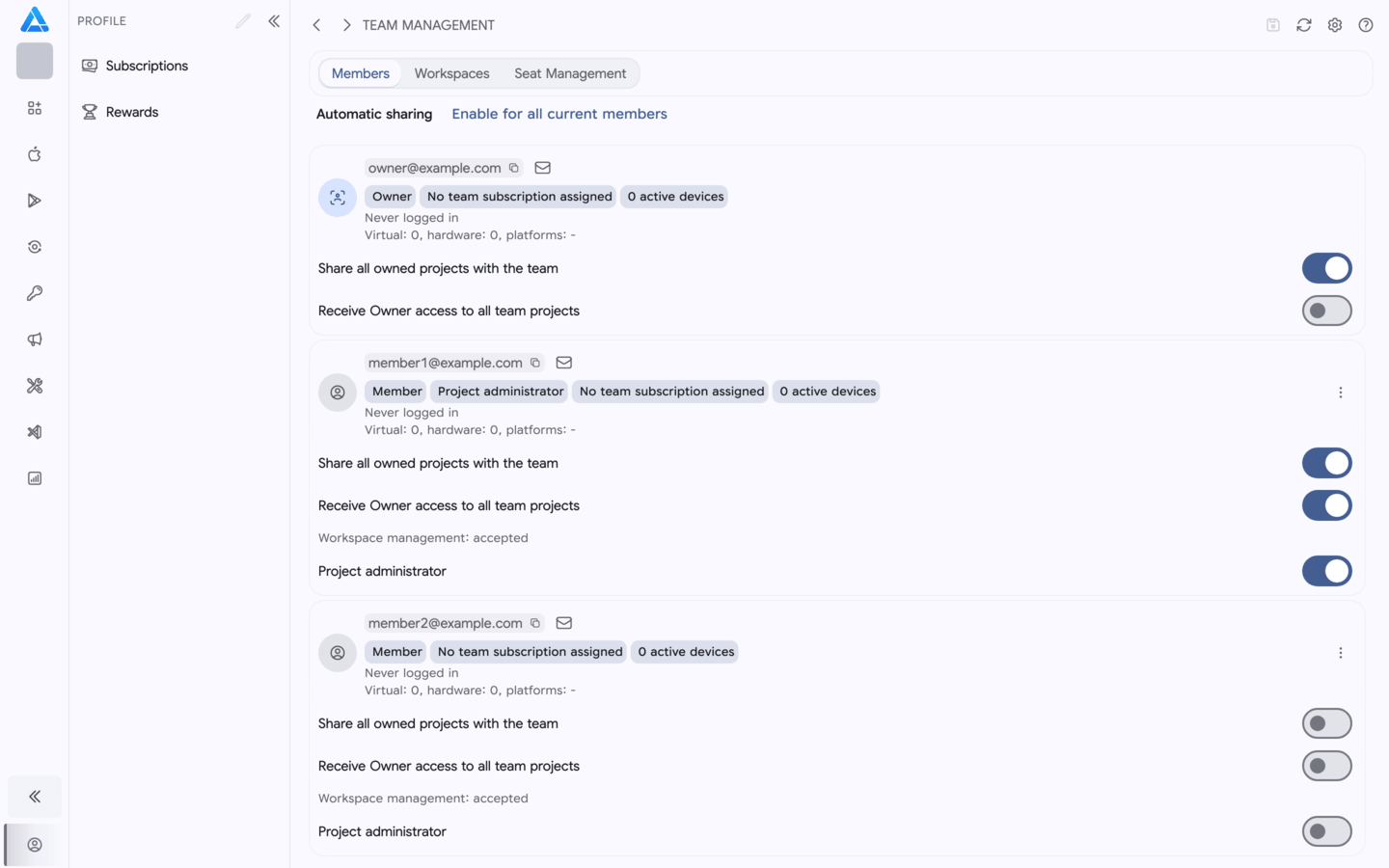 Team members with settings for sharing owned workspaces and receiving team workspaces