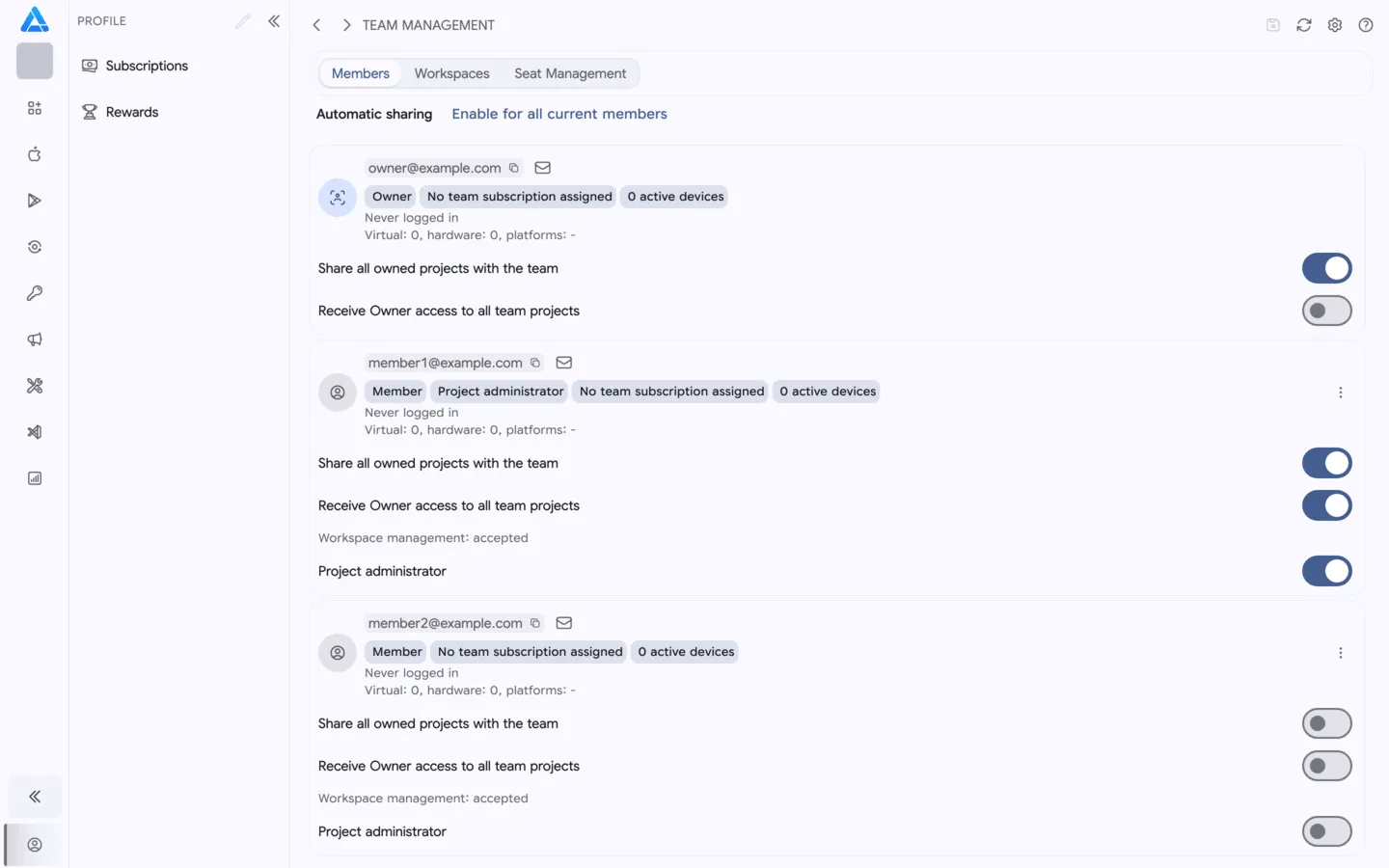 Team members with settings for sharing owned workspaces and receiving team workspaces