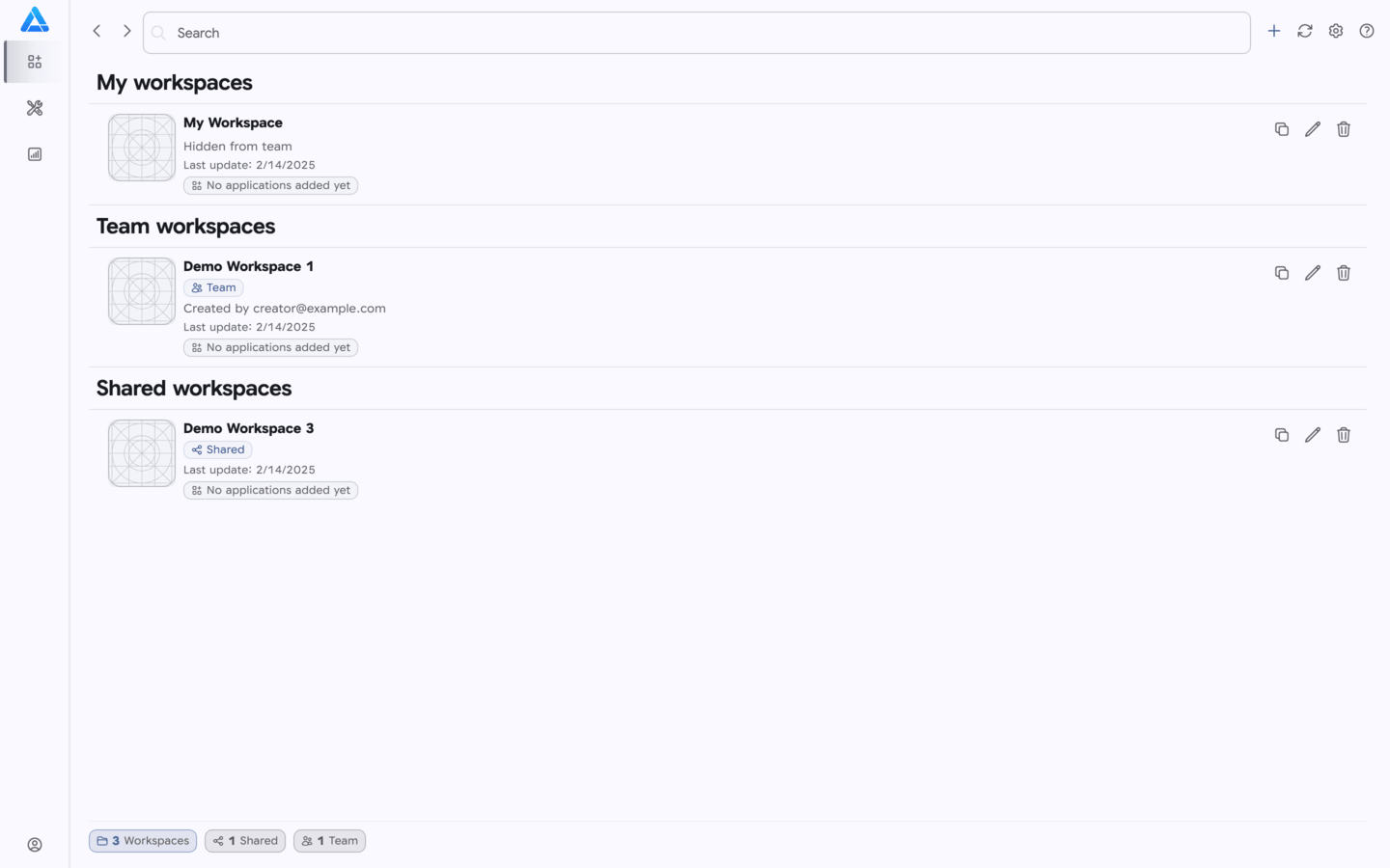 Project list with a team workspace label, creator email, and Team filter