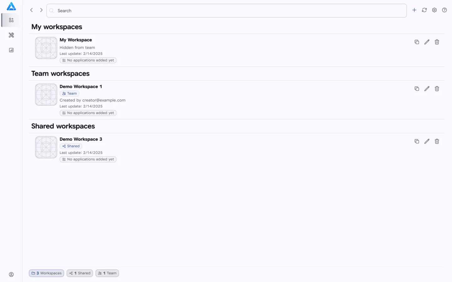 Project list with a team workspace label, creator email, and Team filter