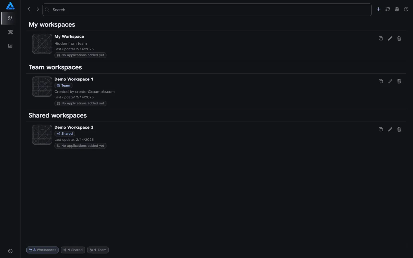 Project list with a team workspace label, creator email, and Team filter