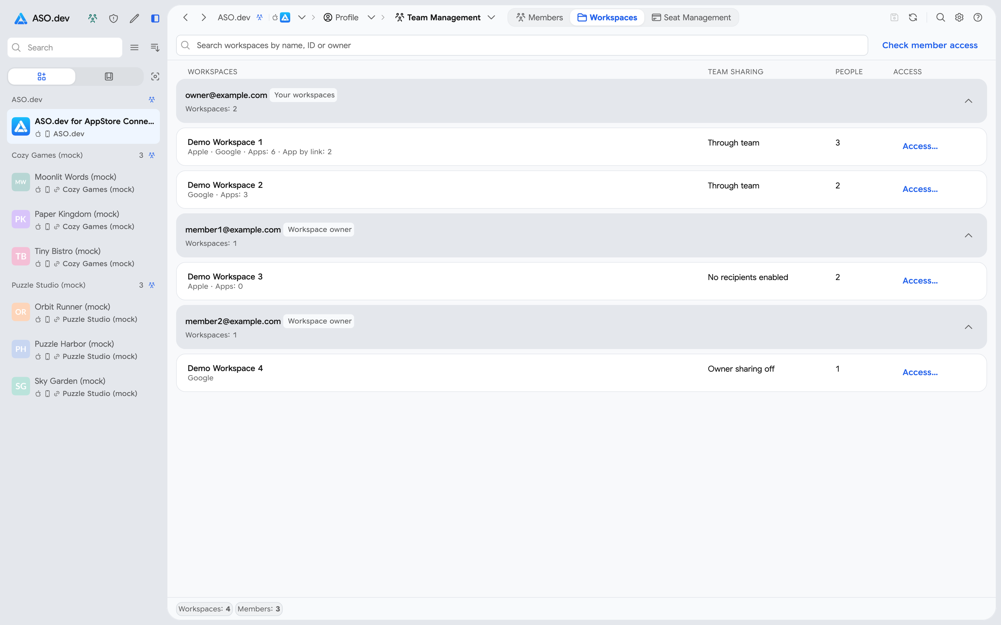 Team workspaces grouped by owner with search and access statuses