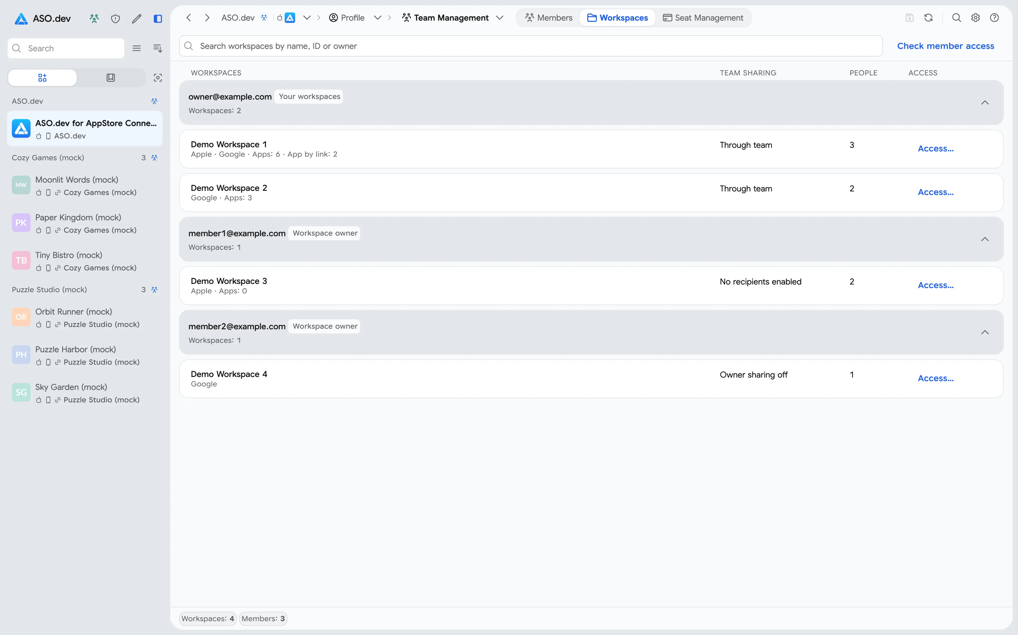 Team workspaces grouped by owner with search and access statuses