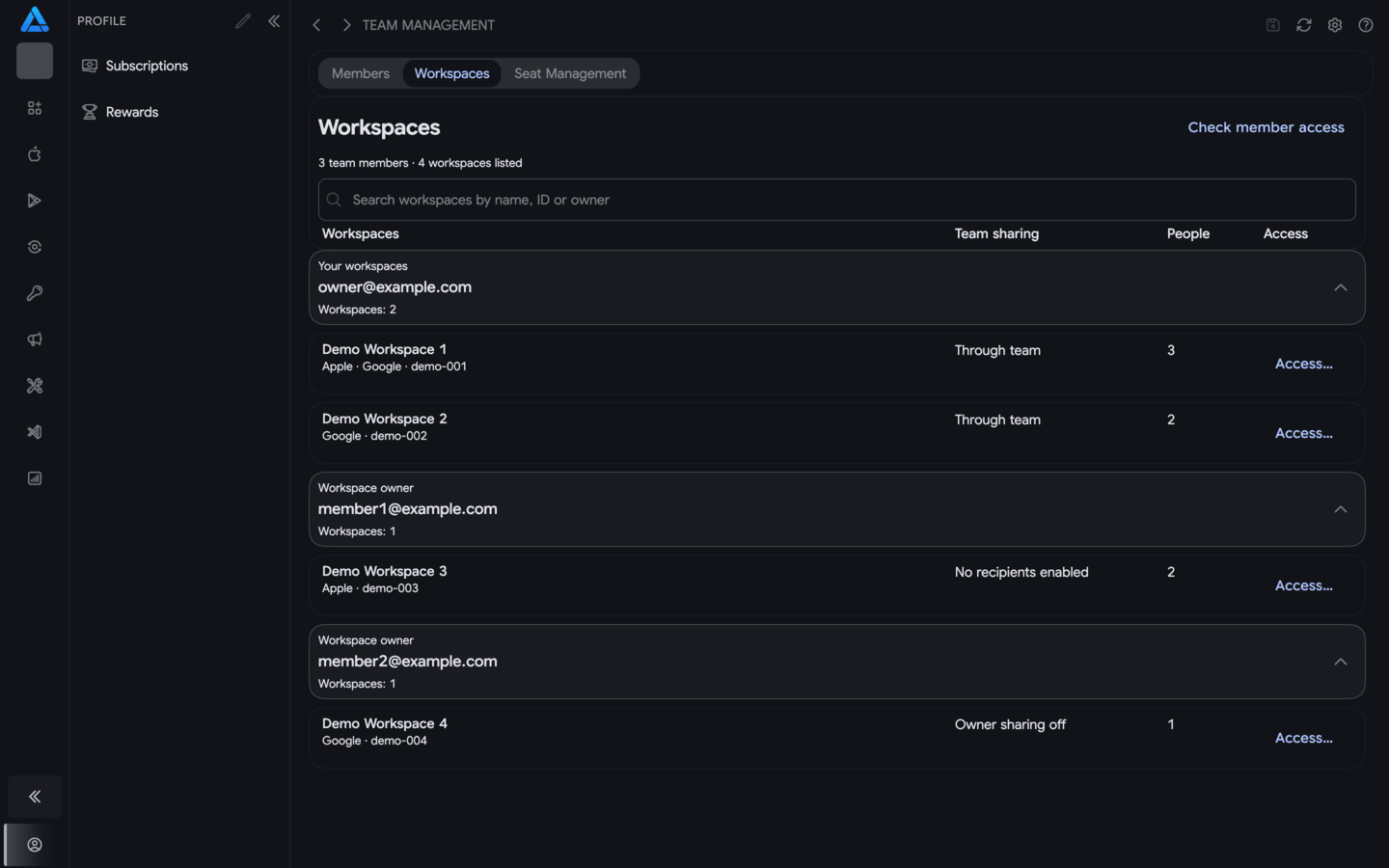 Team workspaces grouped by owner with search and access statuses