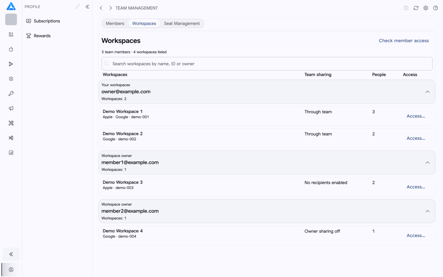 Team workspaces grouped by owner with search and access statuses